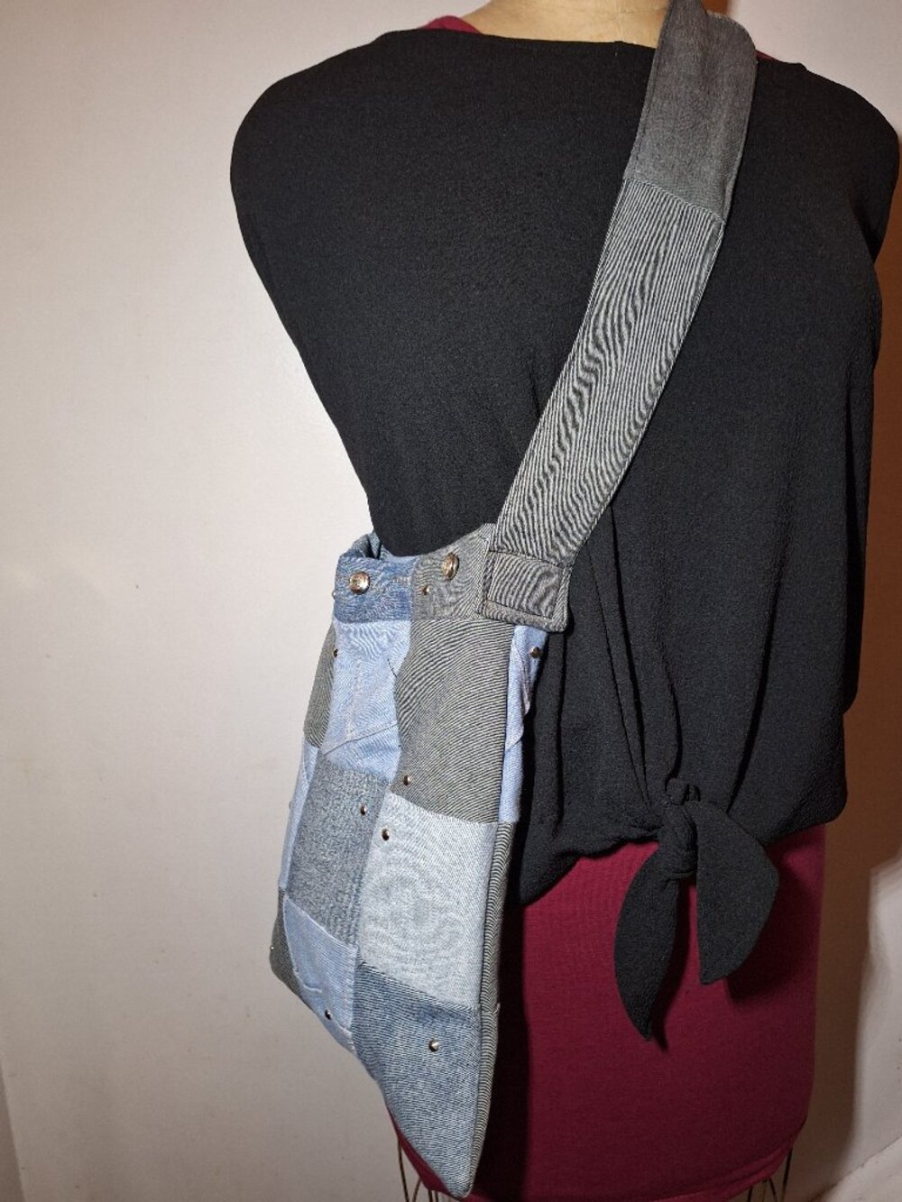 One-of-a-Kind Vintage Denim Patchwork Studded Tote Bag